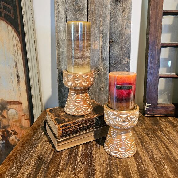 Vintage Opalhouse Bohemian Wood Pillar Candle Holders - Boho Home Decor Accents - Picture 3 of 8